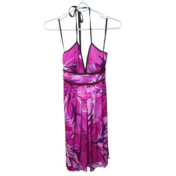 B. Wear Too Vibrant Pink Floral Halter Tie V Neck Dress Small - Picture 1 of 5